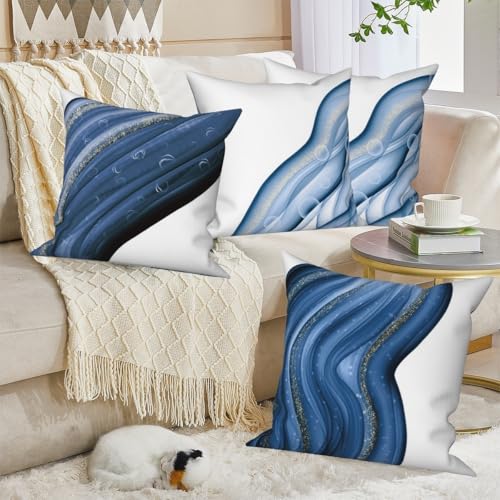 Abstract Fluid Throw Pillow Cover Dark Blue Ocean Wave Gold Sequin Halo Art Modern Aesthetic Linen Square Cushion Covers for Outdoor Couch Sofa Bedroom Home Car 18x18 Inch Set of 4 - color: Dark Blue, size: 18" x 18" (Pack of 4)
