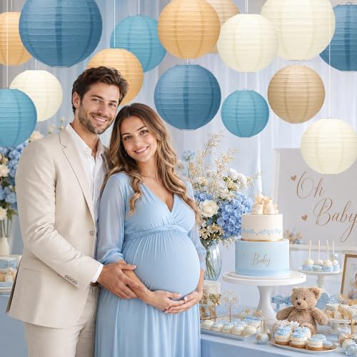 15 Pack Dusty Blue Paper Lanterns with String, 6/8/10 Inches - color: Dusty Blue, Light Blue, Ivory, Kraft, Taupe