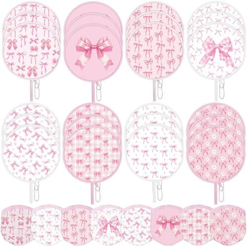 AceOrbit 24 Pcs Pink Bow Round Foldable Hand Fans Bulk 8 Style Coquette Japanese Foldable Fan Pop up Round Handheld Cooling Fan with Pouch for Women Bachelorette Birthday Bridal Party Favor Decoration - style: Pink Bow