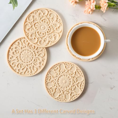 Colinda Silicone Coasters - Set of 6 with Holder, Non-Slip Cup Mats for Hot and Cold Drinks, Decorative Designs, Gift Ready Packaging,Beige - color: Beige