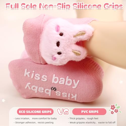 4 Pairs Baby Girl Socks with Non-Slip Grips,Cute Rabbit Low Cut Ankle Socks for Newborn Toddler Infants 0-6 Months - color: Blue Pink Purple White
