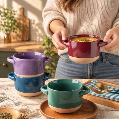AmorArc 24 oz Soup Bowls with Lids, Ceramic Soup Containers with Handle - color: Green&Purple, size: Set of 2