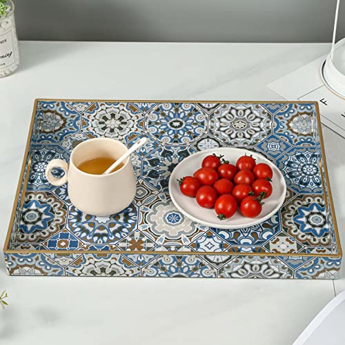 AGIOTA Boho Coffee Table Trays Serving Tray with Handles Large Tray for Ottoman Modern Decorative Tray for Living Room - color: Bohemian Blue Single