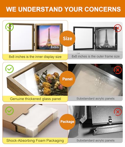 8x8 Brown Deep Shadow Box Picture Frame with HD Clear Glass - color: Brown, size: 8x8