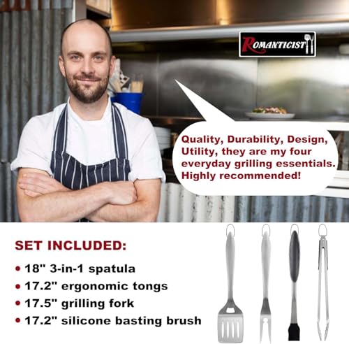 ROMANTICIST 4pcs Heavy Duty Grill Accessories for Top Chef - Professional Grill Tool Set & Basic BBQ Tools for Backyard Restaurant Outdoor Kitchen - Deluxe Grill Gift for Dad on Father’s Day Christmas - color: silvery