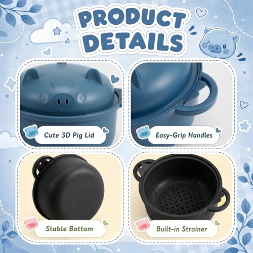 2 Sets 45oz Cute Pig Ramen Bowl Set Microwavable, Black, Dark Blue - color: Black,Dark Blue