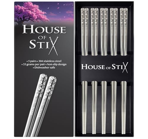 Stainless Steel Chopsticks – 5 Pairs 304 Food-Grade Metal, Reusable Dishwasher Safe, Non-Slip Laser Engraved, Japanese Korean Style Gift Set