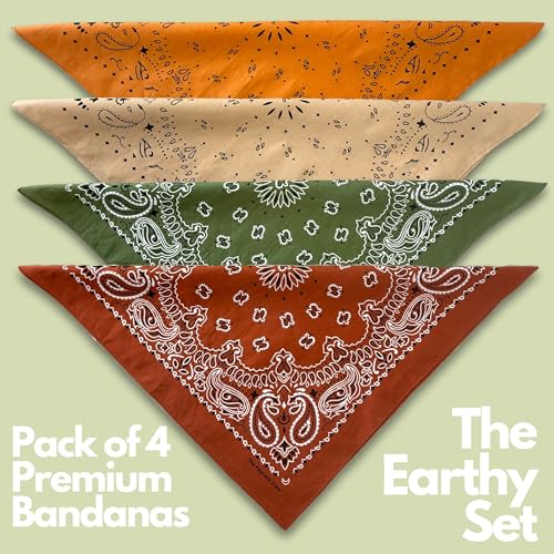 The Peacock Crew Premium Soft Cotton Bandanas Pack for Men and Women Paisley 22 x 22 inches - color: Pack of 4 Earthy Essentials