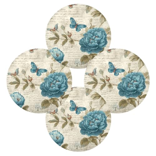 Blue Flower Butterfly Retro Pattern Round Placemats Washable ‌Heat Resistant‌ ‌Non-Slip Place Mats Table Place Mat for Kitchen Dining Set of 6 - color: Blue Flower Butterfly Retro Pattern, size: 15.4x15.4inx6