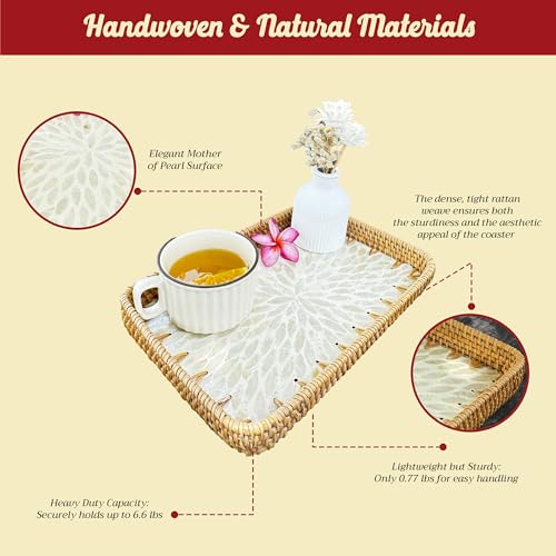 Rattan Rectangle Tray with Mother of Pearl Inlay – Unique Decorative Rattan Serving Tray for Coffee Table, Bathroom Vanity, Perfume & Nightstand – Ideals for Housewarming (White 11.8") - color: White 11.8"