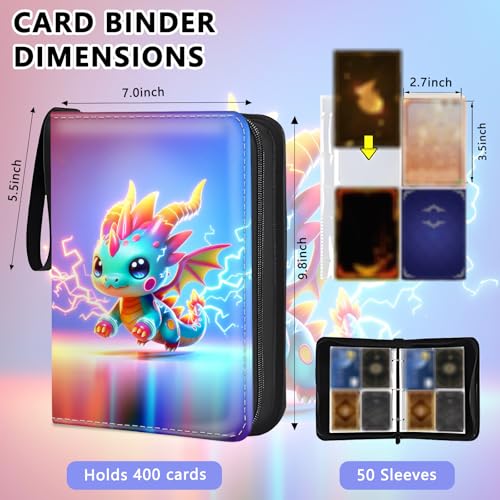 4 Pocket Trading Card Binder, Holds 400 Cards, Zipper Binder - color: Lightning Dragon