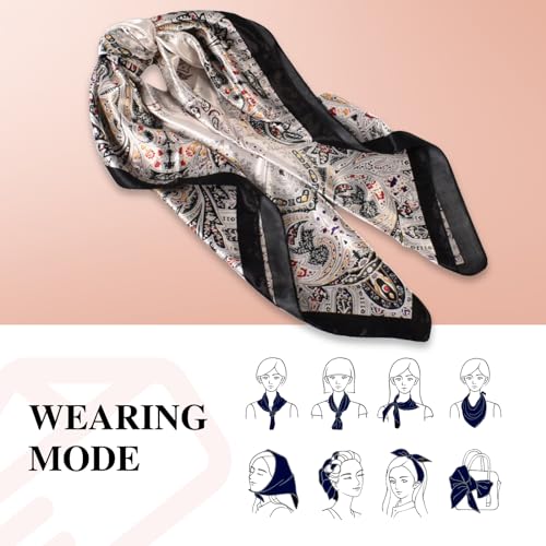 35 Inches Silk Head Scarf-Satin Hair Scarves Silk Bandana Scarf Headscarf for Women's Fashion Scarves - color: Large Floral Cashews - Black