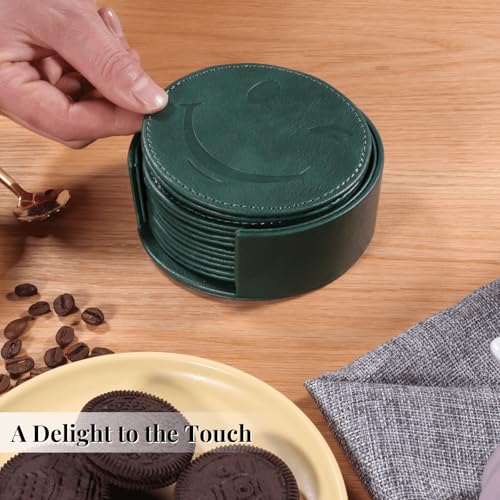 Coasters for Drinks Set of 6 with Holder, 6-Piece Leather Coasters with Embossed Smiley Designs - Durable Drink Coasters Set for Home, Bar, or Office - Green - color: Green