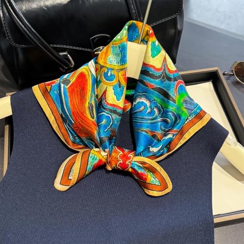 100% Pure Mulberry Silk Scarf 21" Women Square Scarf Neckerchief Headscarf - color: Blue and Orange Ethnic Style