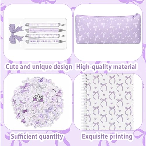 Sayglossy Purple Bow Set Pen Spiral Notebook Journal Pencil Case Sticker - color: Purple