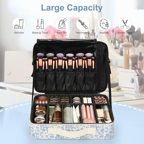Relavel Makeup Case Large Makeup Bag Professional Train Case Travel Cosmetic Organizer Brush Holder Waterproof Makeup Artist Storage Box, 3 Layer Large Capacity, with Adjustable Strap, Floral Print - color: Floral Print, size: Large
