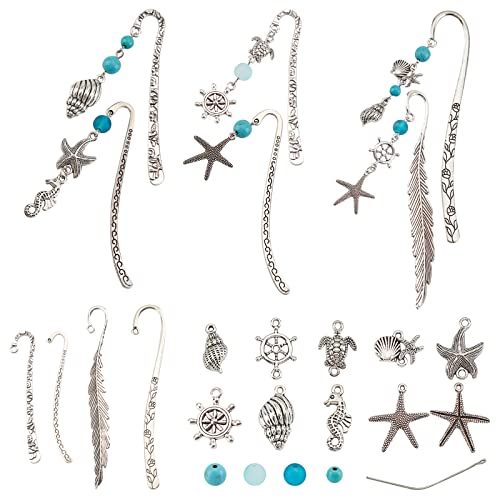 SUNNYCLUE DIY 6 Set Ocean Metal Hook Bookmarks Making Kit 6pcs Leaf Tibetan Style Alloy Bookmark with Starfish Shell Alloy Pendants & Turquoise Beads for DIY Book Marks Making,4.6inch Long - color: Diy 6 Sets Sea Hook Bookmarks Antique Silver