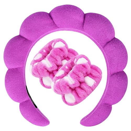 Zkptops Spa Headband for Washing Face Wristband Set Sponge Makeup Skincare Terry Cloth Bubble Soft Get Ready Hairband for Women Girl Puffy Padded Headwear Non Slip Thick Hair Accessory(Dark Purple) - color: YP Dark Purple