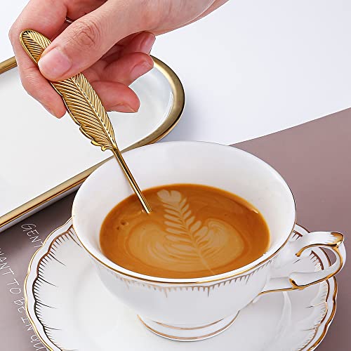 10 Pieces Dessert Spoons Stainless Steel, Cute Gold Teaspoons Set, Espresso Spoons for Coffee Tea Ice Cream Cake Pudding Dessert Condiment, Coffee bar Stirring Spoons, Feather Shape 6.1 inch - size: Gold