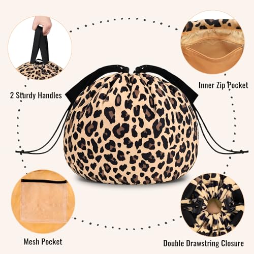 Funny Leopard Drawstring Makeup Bag, Travel Toiletry Cosmetic Organizer - color: C-LeopardPrint