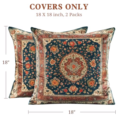 Vintage Floral Soft Velvet Throw Pillow Covers 18x18 in Boho - color: Dark Blue, size: 18" x 18" (Pack of 2)