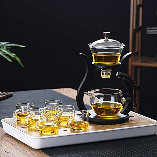 RORA Glass Teapot Set Semi Automatic Drip Rotating with Infuser Lazy Kungfu Tea pot Set (Bamboo) - color: Wooden, size: teapot