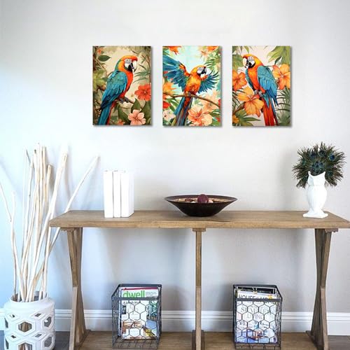 GLOKAKA Set of 3 Parrot Wall Art Colorful Parrot on Branch with Tropical Leaves Painting Pictures Wall Decor Colorful Birds Artwork for Living Room Bedroom Bathroom Decor - color: Parrot Artwork-02, size: 28"L x 20"W