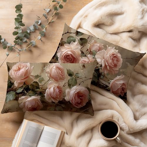 Vintage Pink Rose Floral Small Decorative Lumbar 12x20 Pillow Covers Decor,Pink Flower Rustic Cottagecore Decorative Throw Pillow Cover for Home Bedroom Room Decor Double-Sided Set of 2 - color: A-rose-6, size: 20" x 12" (Pack of 1)