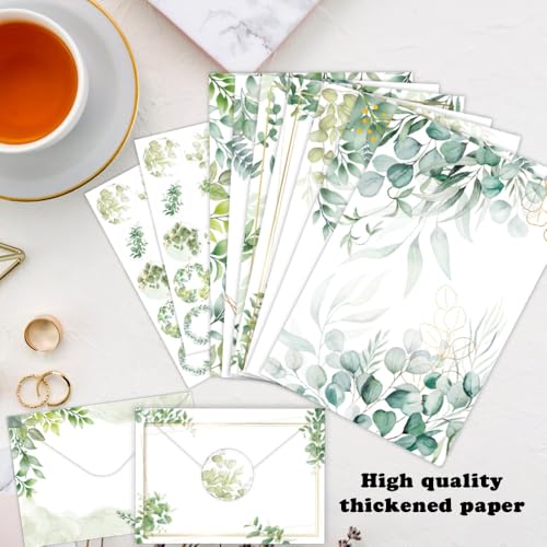 160 Pcs Stationery Set with Envelopes, 50 A5 Sheets of Stationery (10 Designs) with 50 Envelopes and 60 Stickers, Letter Writing Stationery for Home, Office, School, Set D - color: Eucalyptus stationery