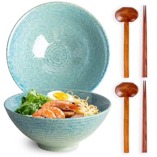 40oz Japanese Ceramic Ramen Bowl Set of 2 with Chopsticks and Spoons for Pho Udon Asian Soup Noodles (Turquoise) - color: Turquoise