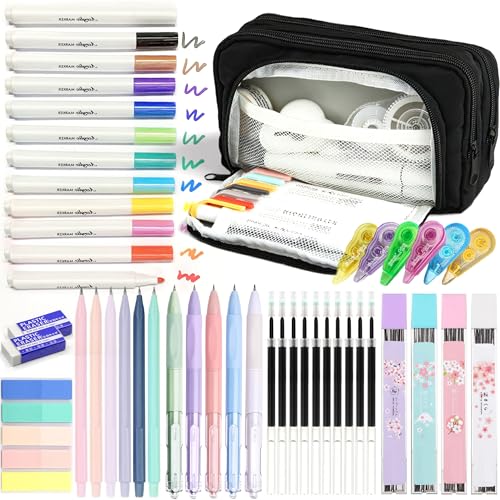 42 PCS Aesthetic School Supplies with Large Pencil Case, 12 Marker Pens with box, 5 Black Ink Gel Pens, 6 Mechanical Pencils Set, Sticky Notes, Complete Essentials Stationery Kit for Students - color: Black
