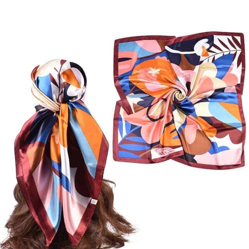 35 Inches Silk Head Scarf-Satin Hair Scarves Silk Bandana Scarf Headscarf for Women's Fashion Scarves - color: Colorful Sunflower - Wine Red