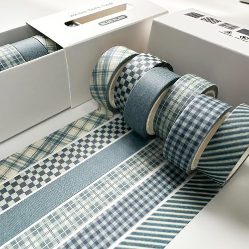 YUBBAEX 6 Rolls Plaid Washi Tape Set, Grid Pattern Masking Tape Classic Checkered Design Decorative for DIY Crafts, Bullet Journal Supplies, Planners, Scrapbook, Card/Gift Wrapping (Blue) - color: Blue