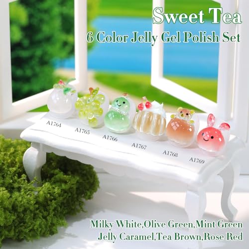 Double Rhythm 6 Pcs 15 ML Gel Polish Set Same Color Same Bottle Soak Off Gel Polish Kit Nail Art Manicure Salon DIY at Home (Jelly White Mint Green Olive Tea Brown Rose Red-T6-83) - color: Jelly Garden