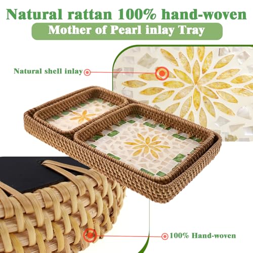 3 Pcs Rectangle Rattan Mother of Pearl Inlay Shell Decorative Serving Tray - color: Yellow Flower