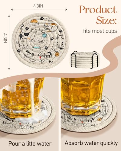 Absorbent Cup Coasters Set of 6 with Holder, Five Cats - color: Five Cats