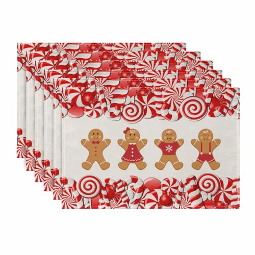 Ansouyi Placemats Set of 6, Christmas Candy Cane and Gingerbread Man Washable Heat Resistant Linen Table Mats, Kitchen Decor Non-Slip Place Mats for Party Dining, 12x18 Inch - color: Gingerbread