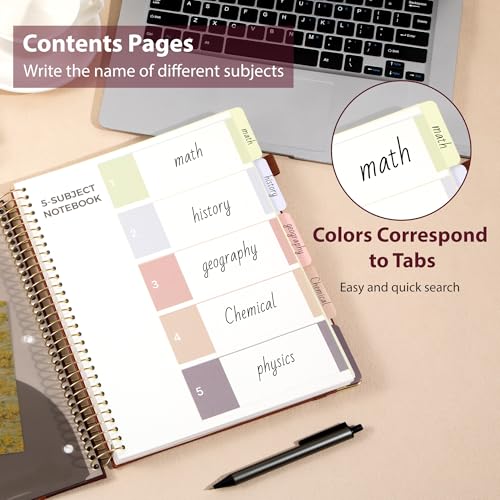 Yoment Hardcover Spiral Notebook 8.5" x 11" 5 Subject Notebook with Tabs - color: Burgundy