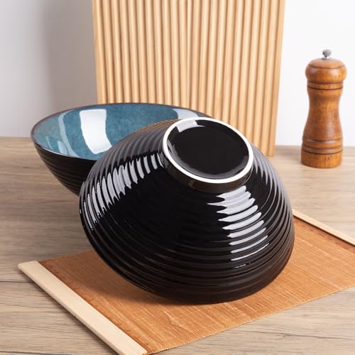 40oz Japanese Ceramic Ramen Bowl Set of 2 with Chopsticks and Spoons for Pho Udon Asian Soup Noodles (Blue Glaze) - color: Blue Glaze