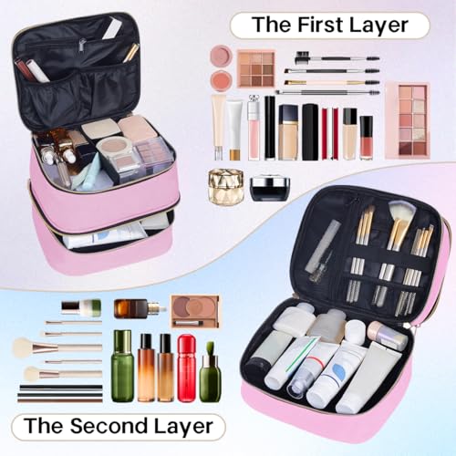 Double Layer Makeup Bag with Adjustable Dividers, PinkGold - color: Pink Gold
