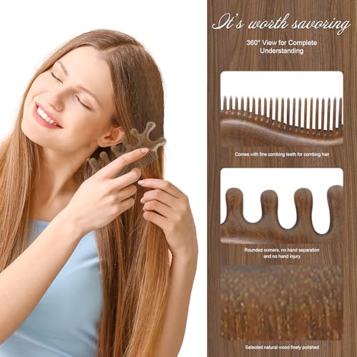 Wooden Scalp Care Comb, Wide Tooth Hair Sectioning Tool with V-Shaped End, Manual Styling Comb for Daily Hair Care