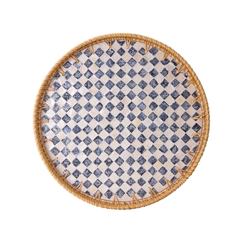 Round Rattan Tray with Mother of Pearl Inlay, Rattan Serving Tray with Wooden Base, Decorative Wicker Basket for Table Decor, Storage and Display of Coffee Bread Food Fruit (Checkerboard 13.5") - color: Checkerboard, size: 13.5"
