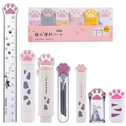 8 Pcs Cute Cat Paw Stationery Set Kawaii School Supplies Including Pencil Sharpener Retractable Eraser Correction Tape Sticky Notes Ruler Mini Scissors Utility Knife for Cat Lovers Students (White) - style: Style A (White)