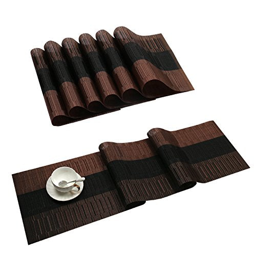 SHACOS Placemats with Table Runner Set of 7 Woven Vinyl Plastic Wipe Clean Heat Resistant Table Mats and Runner Set for Dining Table, Ombre Coffee Black - color: Ombre Coffee Black, size: Placemats and Table Runner Set of 7