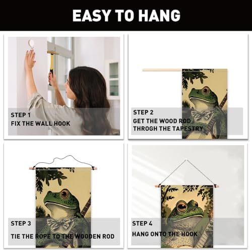 PLIGREAT 2 Pack Boho Tapestry with Tassels, Piano Frog Art Wall Hanging Vertical Funny Home Wall Tapestry for Bedroom Living Room Long Narrow Decor, 52" x 13" - color: green,black
