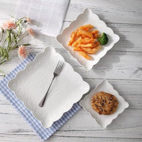 Ceramic Plate, Square Embossed Lace Plate (White, 10-inch) - color: White, size: 10-Inch