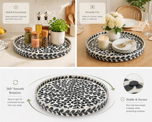 Lazy Susan Turntable 12.5 Inch, Round Wooden Spinning Tray with Black Leaf Mother of Pearl Inlay, Rotating Organizer for Kitchen (Black Leaf Lazy Susan) - color: Black Leaf Lazy Susan