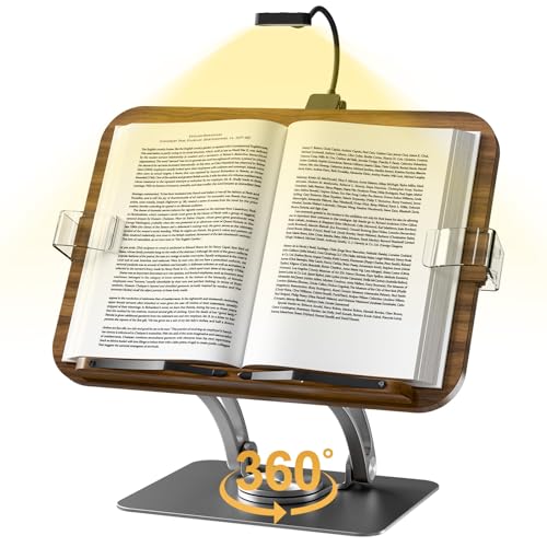Book Stand for Reading,Adjustable Book Stand with Light,360° Rotating Metal Base,Foldable Cookbook Stand,Reading Hands Free with Page Clips for Recipe,Textbook,Cookbook（3CCT & CRI 90） - color: Gunmetal With Light