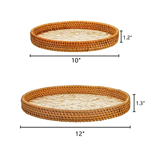 Frcctre 2 Pack Round Rattan Tray with Mother of Pearl Inlay, Rattan Serving Tray with Wooden Base, Decorative Wicker Basket for Bread Fruit Food Coffee Breakfast, Storage and Display, 2 Sizes