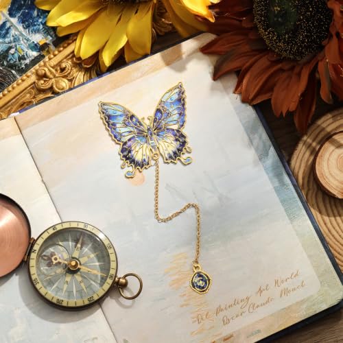6 Pieces Metal Butterfly Bookmarks with Chain, Golden Hollow Bookmark Monet Oil Painting Theme Book Mark Bookmarks for Book Lovers Writers Readers Children Teens for Women - color: Butterfly